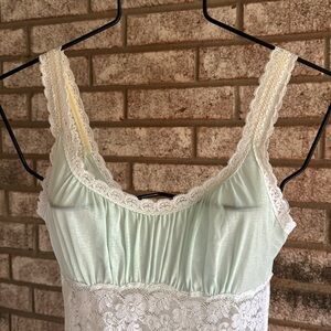 NOS Vintage OLGA Nylon Lace NIghtgown Gown M Blue Green Oldstock 94 “ Sweep USA